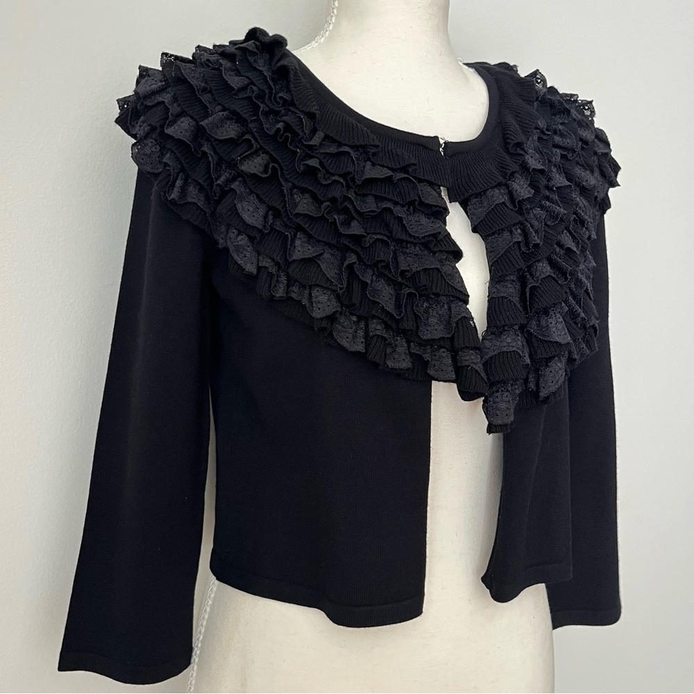 Spense Women's Black Cropped Cardigan Ruffles Lace Size M Whimsigoth Dramatic
